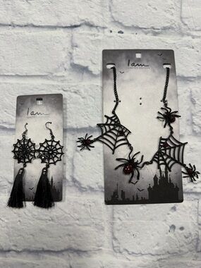 NEW I Am Spider Web Necklace & Earrings Set Black & Red Crystals Halloween Goth
